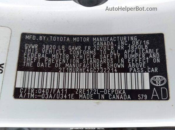 2T1BURHE4GC732214 2016 TOYOTA LL White ძრავის განყოფილების ხედი