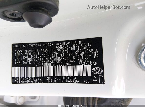 2T1BURHE4HC803204 2017 TOYOTA LL Белый Вид подкапотного пространства
