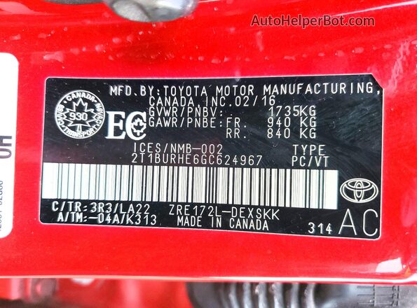 2T1BURHE6GC624967 2016 TOYOTA COROLLA Red Вид підкапотного простору
