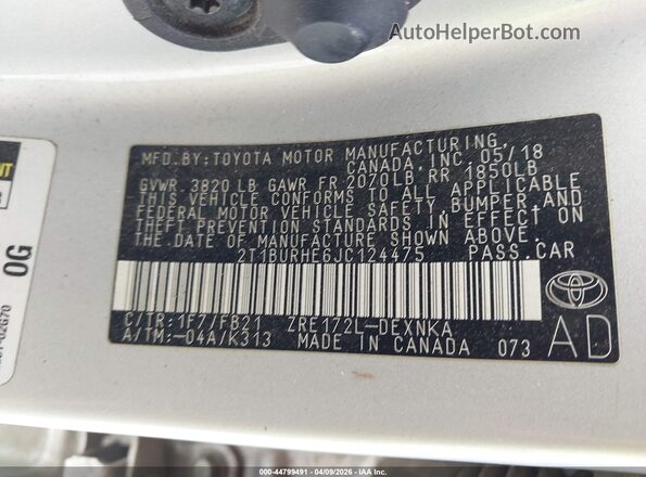 2T1BURHE6JC124475 2018 TOYOTA LL Silver Շարժիչի բաժամունքի տեսք