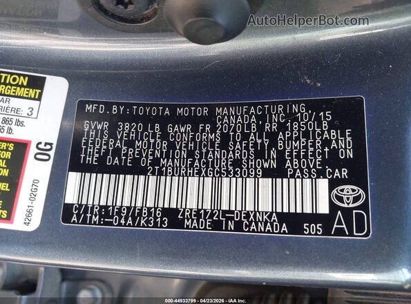 2T1BURHEXGC533099 2016 TOYOTA LL Gray Շարժիչի բաժամունքի տեսք