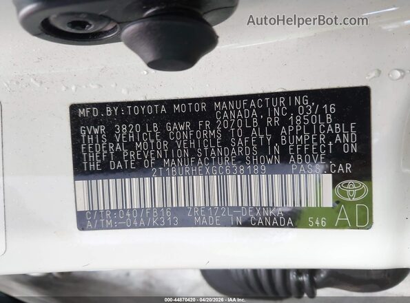 2T1BURHEXGC638189 2016 TOYOTA LL Белый Вид подкапотного пространства