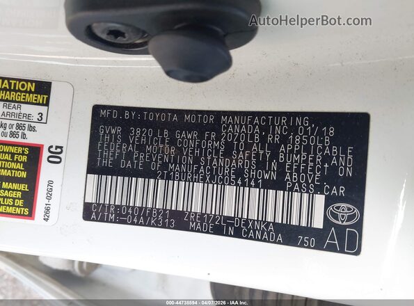 2T1BURHEXJC054141 2018 TOYOTA LL Белый Вид подкапотного пространства
