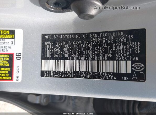 2T1BURHEXJC062885 2018 TOYOTA LL Серебряный Вид подкапотного пространства