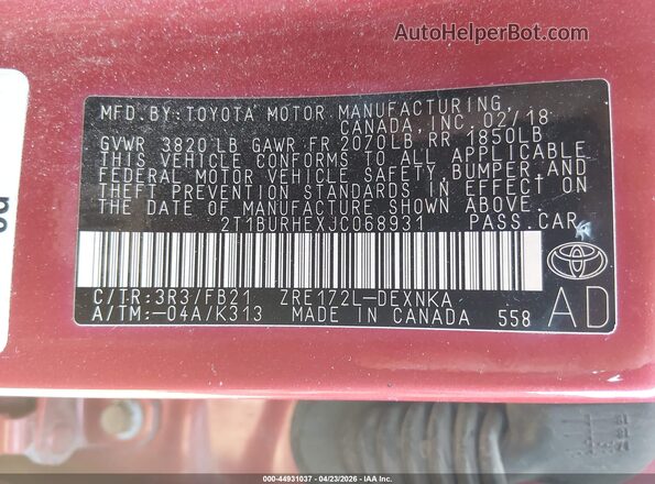 2T1BURHEXJC068931 2018 TOYOTA LL Red Շարժիչի բաժամունքի տեսք