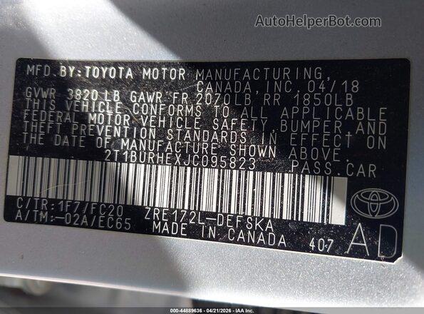 2T1BURHEXJC095823 2018 TOYOTA LL Silver Вид підкапотного простору