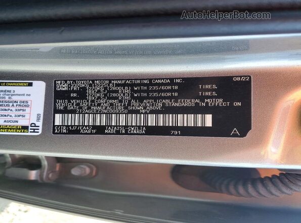 2T2AGCEZ2NC009350 2022 LEXUS NX Серебряный Панорамный вид салона 360°