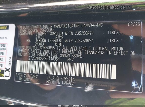 2T2BAMCA6SC118351 2025 LEXUS RX 350 Черный Вид подкапотного пространства