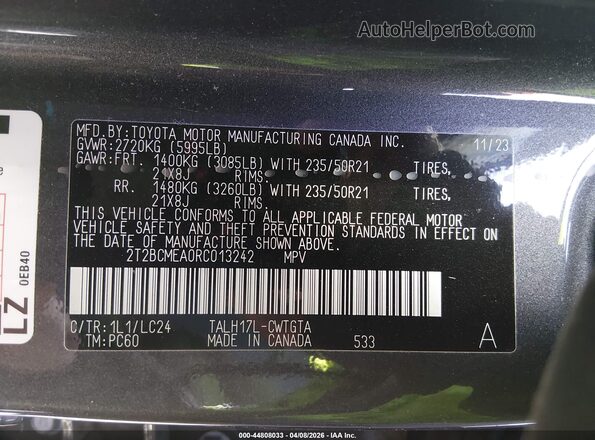 2T2BCMEA0RC013242 2024 LEXUS RX 500H Серый Вид подкапотного пространства
