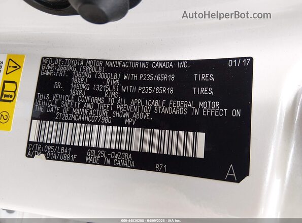 2T2BZMCA4HC077980 2017 LEXUS RX 350 White Engine compartment view