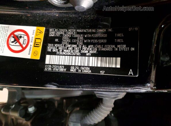 2T2BZMCA9KC207985 2019 LEXUS RX Черный Вид наклейки с VIN-кодом
