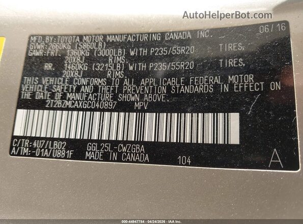 2T2BZMCAXGC040897 2016 LEXUS RX 350 Золотой Вид подкапотного пространства