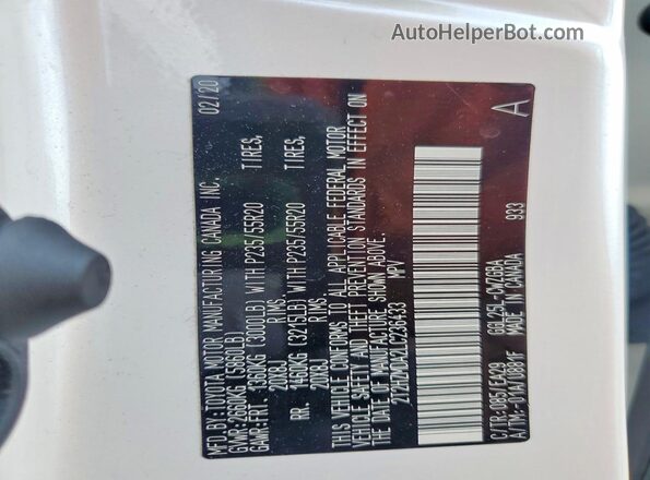 2T2HZMDA2LC236433 2020 LEXUS RX White VIN კოდის სტიკერის ხედი