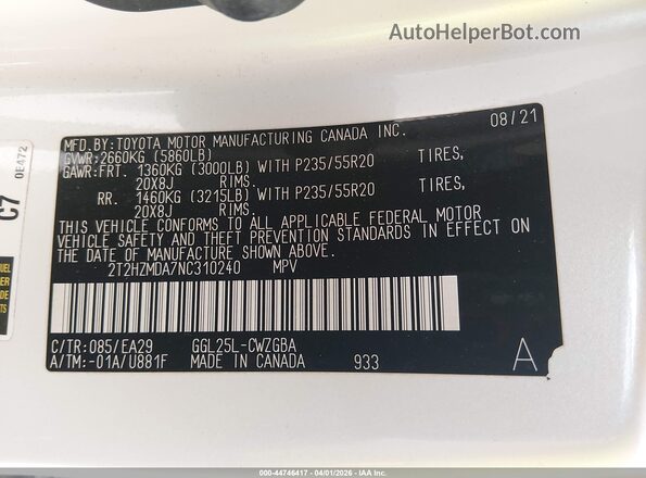 2T2HZMDA7NC310240 2022 LEXUS RX 350 Белый Вид подкапотного пространства