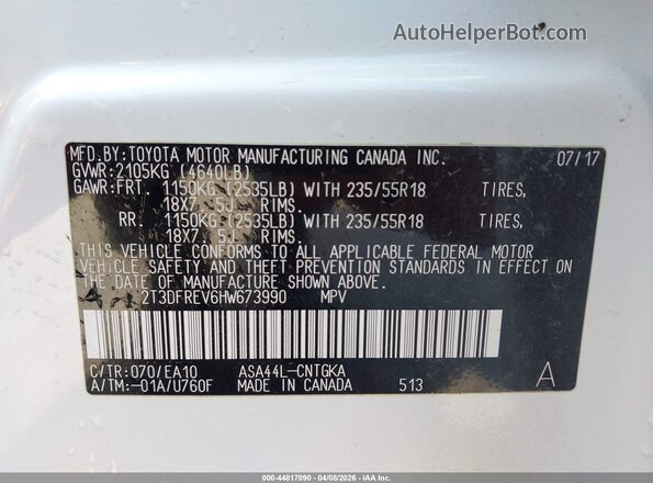 2T3DFREV6HW673990 2017 TOYOTA RAV4 Белый Вид подкапотного пространства
