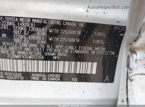 2T3DWRFV2LW072356 2020 TOYOTA LIMITED White ძრავის განყოფილების ხედი