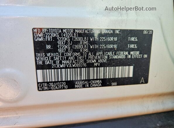2T3EWRFV3LW089316 2020 TOYOTA RAV4 Белый Вид наклейки с VIN-кодом