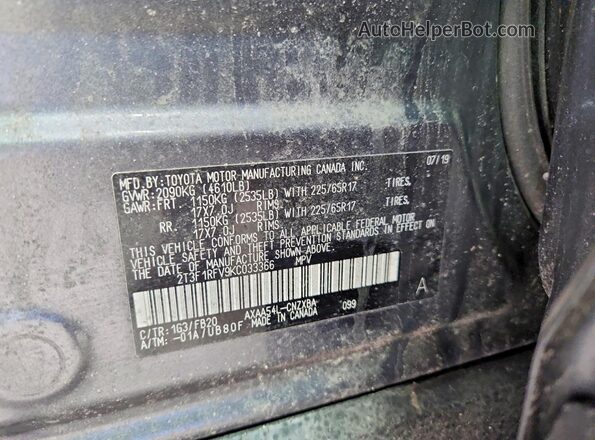 2T3F1RFV9KC033366 2019 TOYOTA LE Gray VIN sticker view