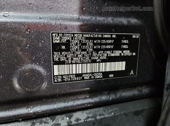 2T3F1RFV9LC130536 2020 TOYOTA LE Gray Вид наклейки з VIN-кодом