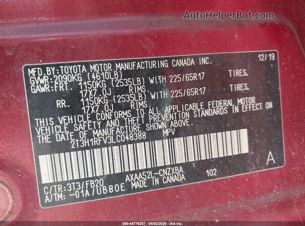 2T3H1RFV3LC048388 2020 TOYOTA LE Red Vista del compartimento del motor