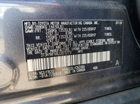 2T3H1RFVXLC073773 2020 TOYOTA LE Серый Вид наклейки с VIN-кодом