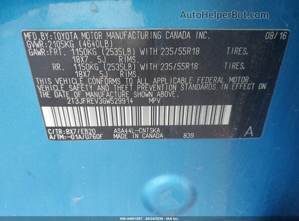 2T3JFREV3GW529914 2016 TOYOTA RAV4 Black Շարժիչի բաժամունքի տեսք