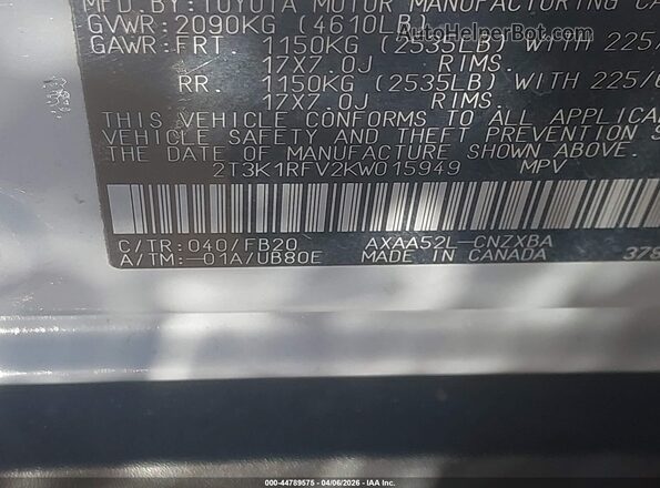 2T3K1RFV2KW015949 2019 TOYOTA LE Белый Вид подкапотного пространства