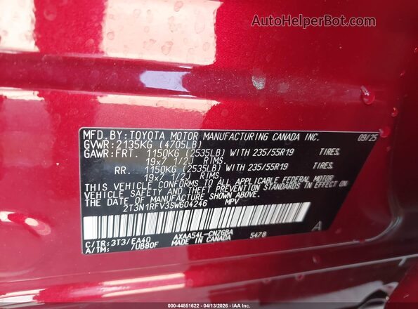 2T3N1RFV3SW604246 2025 TOYOTA LIMITED Burgundy Շարժիչի բաժամունքի տեսք