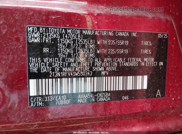 2T3N1RFV4SW550343 2025 TOYOTA LIMITED Red Вид підкапотного простору