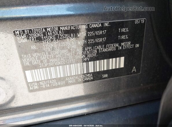 2T3P1RFV0KC012717 2019 TOYOTA LE Gray Вид підкапотного простору