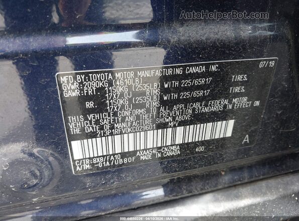 2T3P1RFV0KC029601 2019 TOYOTA LE Dark Blue Вид подкапотного пространства