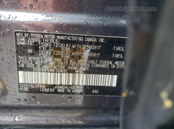 2T3P1RFV1MC169692 2021 TOYOTA LE Серый Вид наклейки с VIN-кодом