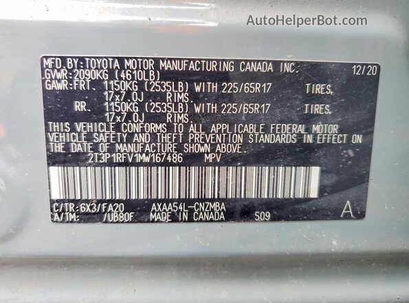 2T3P1RFV1MW167486 2021 TOYOTA LE Gray Vista de la etiqueta del VIN