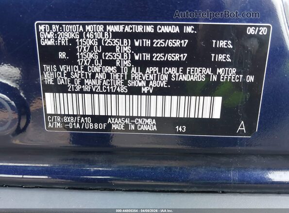 2T3P1RFV2LC117485 2020 TOYOTA LE Синий Вид подкапотного пространства