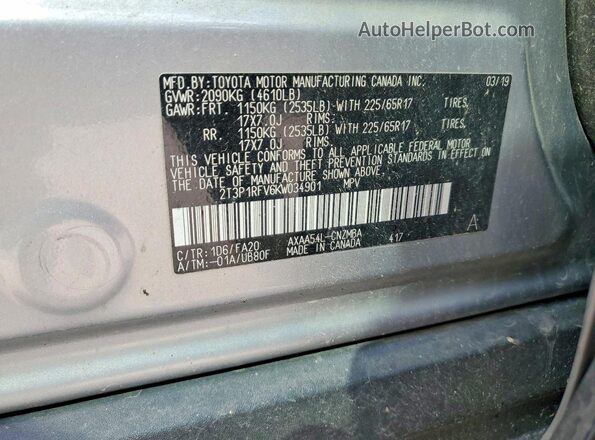 2T3P1RFV6KW034901 2019 TOYOTA RAV4 Silver VIN კოდის სტიკერის ხედი