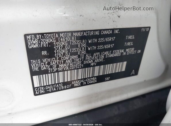 2T3P1RFV9LC075221 2020 TOYOTA LE White Vista del compartimento del motor
