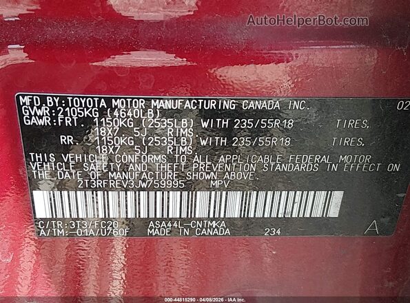 2T3RFREV3JW759995 2018 TOYOTA RAV4 Red ძრავის განყოფილების ხედი