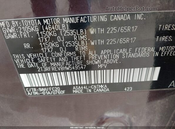 2T3RFREV8HW549547 2017 TOYOTA LE Purple Вид підкапотного простору