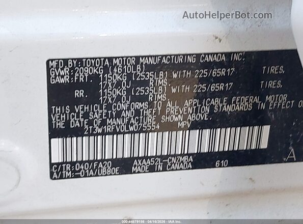 2T3W1RFV0LW075554 2020 TOYOTA LE White Շարժիչի բաժամունքի տեսք