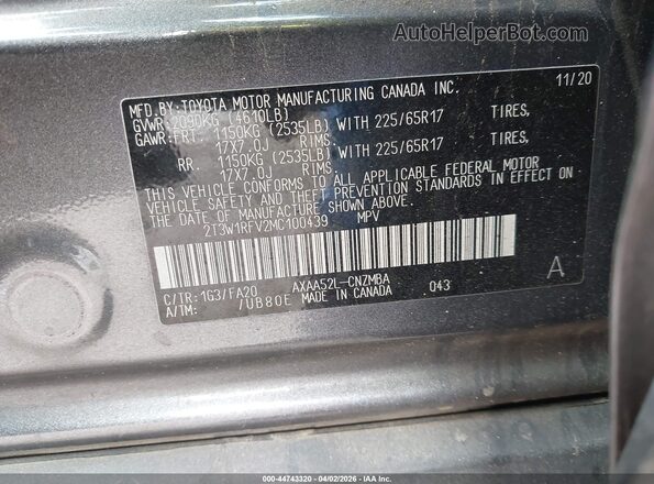 2T3W1RFV2MC100439 2021 TOYOTA LE Gray Շարժիչի բաժամունքի տեսք