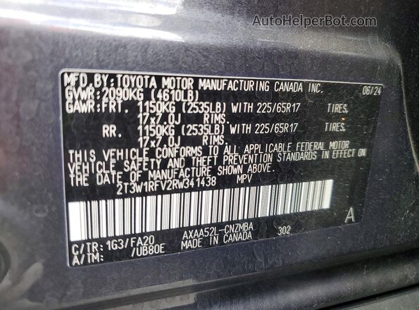 2T3W1RFV2RW341438 2024 TOYOTA LE Charcoal Widok naklejki z numerem VIN
