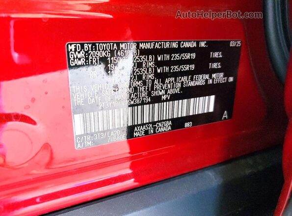 2T3Y1RFV1SW387194 2025 TOYOTA LIMITED Red Вид наклейки з VIN-кодом