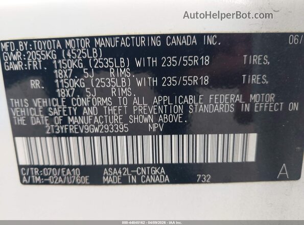 2T3YFREV9GW293395 2016 TOYOTA LIMITED Белый Вид подкапотного пространства