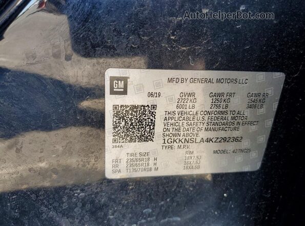 1GKKNSLA4KZ292362 2019 GMC ACADIA Черный Панорамный вид салона 360°