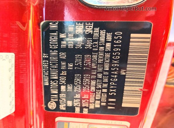 5XYPG4A59KG591650 2019 KIA SORENTO Красный Панорамный вид салона 360°