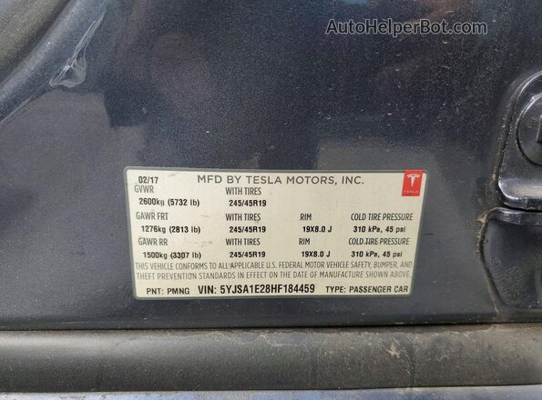 5YJSA1E28HF184459 2017 TESLA MODEL S Угольный Вид наклейки с VIN-кодом