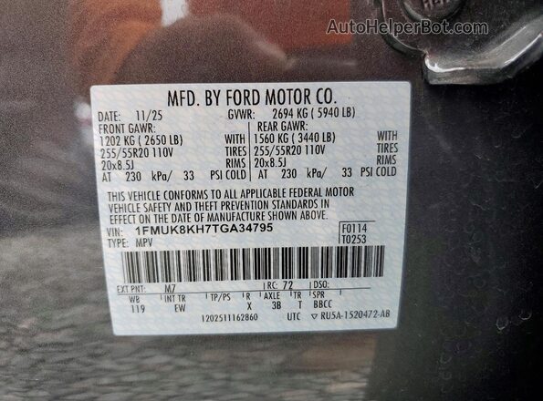 1FMUK8KH7TGA34795 2026 FORD FORD EXPLORER Gray Widok naklejki z numerem VIN