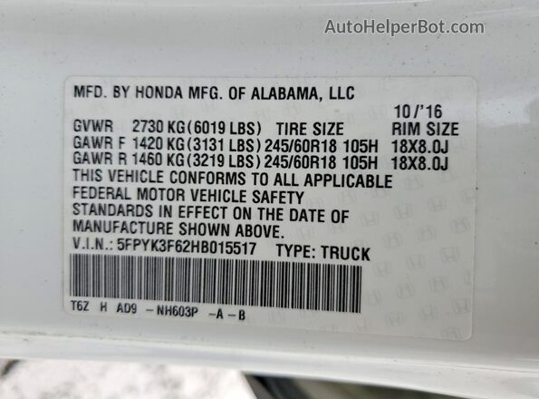 5FPYK3F62HB015517 2017 HONDA RIDGELINE White VIN კოდის სტიკერის ხედი