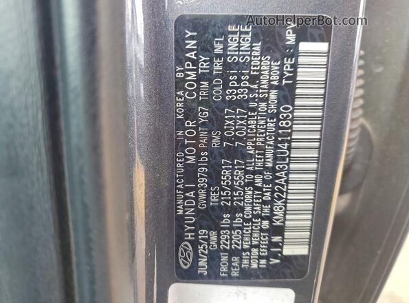 KM8K22AA3LU411830 2020 HYUNDAI KONA Gray Панорамний вид салону 360°