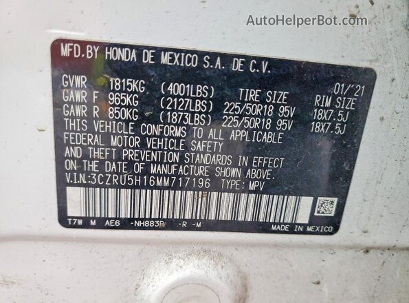 3CZRU5H16MM717196 2021 HONDA HR-V Белый Вид наклейки с VIN-кодом